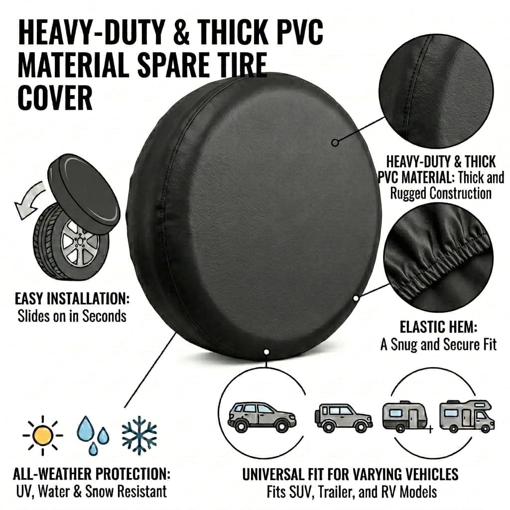 Comily Plus+ Spare Tyre Cover 14 Inch (Fits 175/70R14 185/70R14 195/70R14 205/70R14)-Thick Waterproof PVC + Elasticized Back Hem,Fits RV/Trailer/Camper, Black — view 4