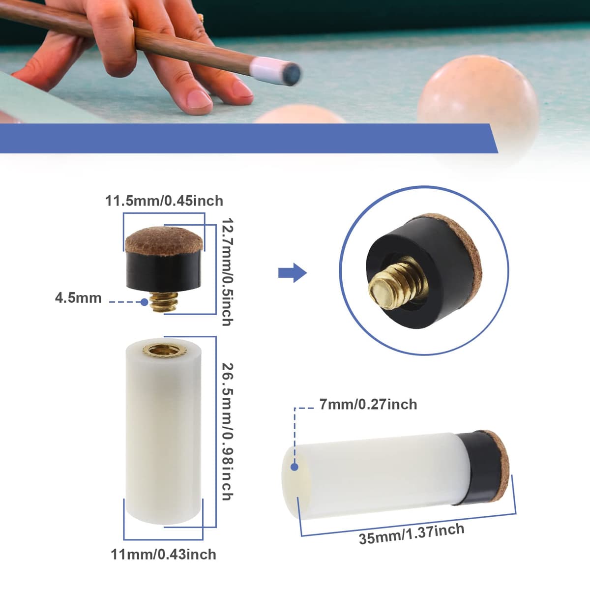 OTOTEC 20 Juegos de Puntas para Tacos de Billar Atornilladas de 11mm con Virolas de Palo de Billar Atornilladas Accesorios de Repuesto para Billar Inglés Suministros para El Hogar — view 4