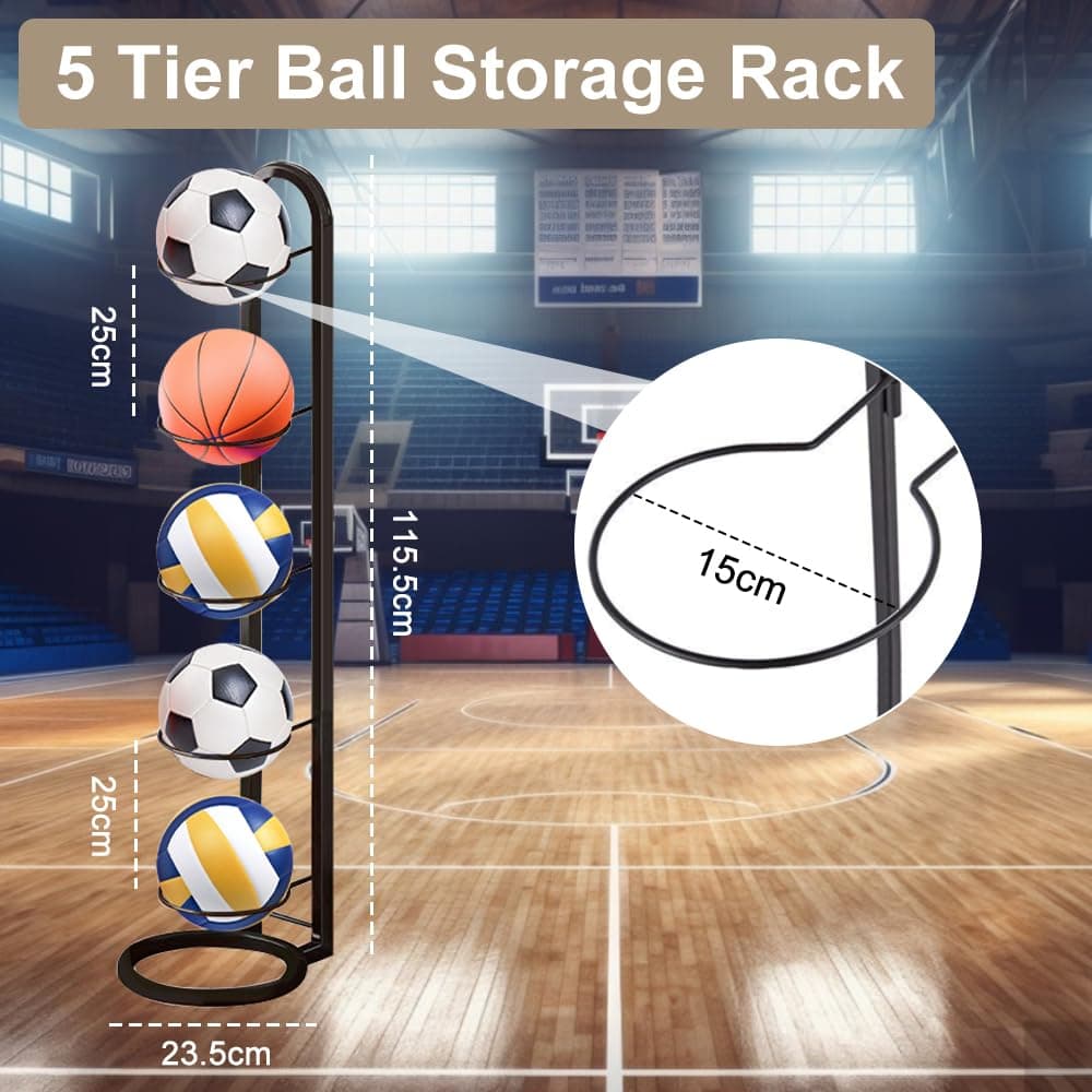 Kleemeiero Soporte para Balones de Baloncesto, Soporte Pelota Baloncesto Vertical de 5 Niveles, Estante de Bolas de Metal, Estante de Almacenamiento de Pelotas para Baloncesto, Fútbol y Voleibol — view 2