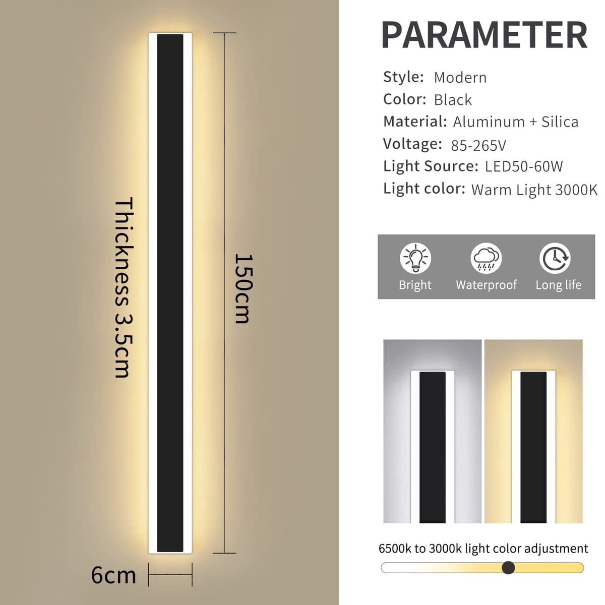 Mikeru 150cm Outdoor Garden Wall Light, 48w Color Change Outdoor Wall Lights Ip65 Rainproof Tricolor 3000k/4500k/6000k Wall Mounted LED Long Wall Lights Mains Powered for Hallway, Villa — view 4