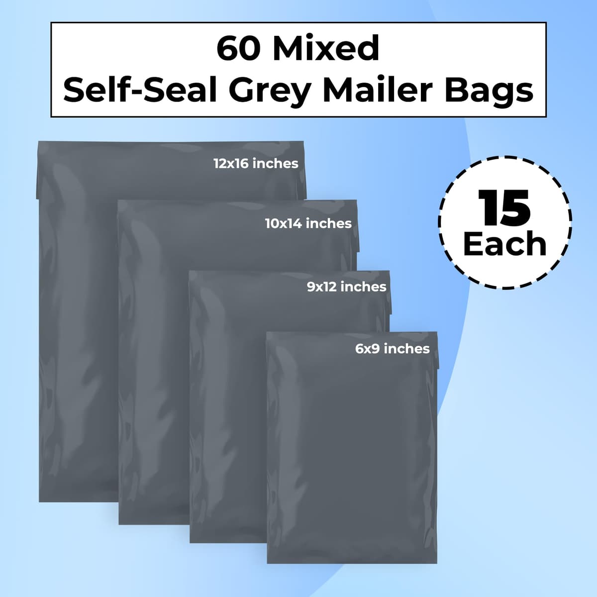 Double Dragon 60 Mixed Size Self-Seal Mailer Bags | Tamper-Proof Plastic Packaging for Mailing, Postage, Shipping & Delivery | Grey (4 Sizes | Small to Large | 15 Each) — view 2