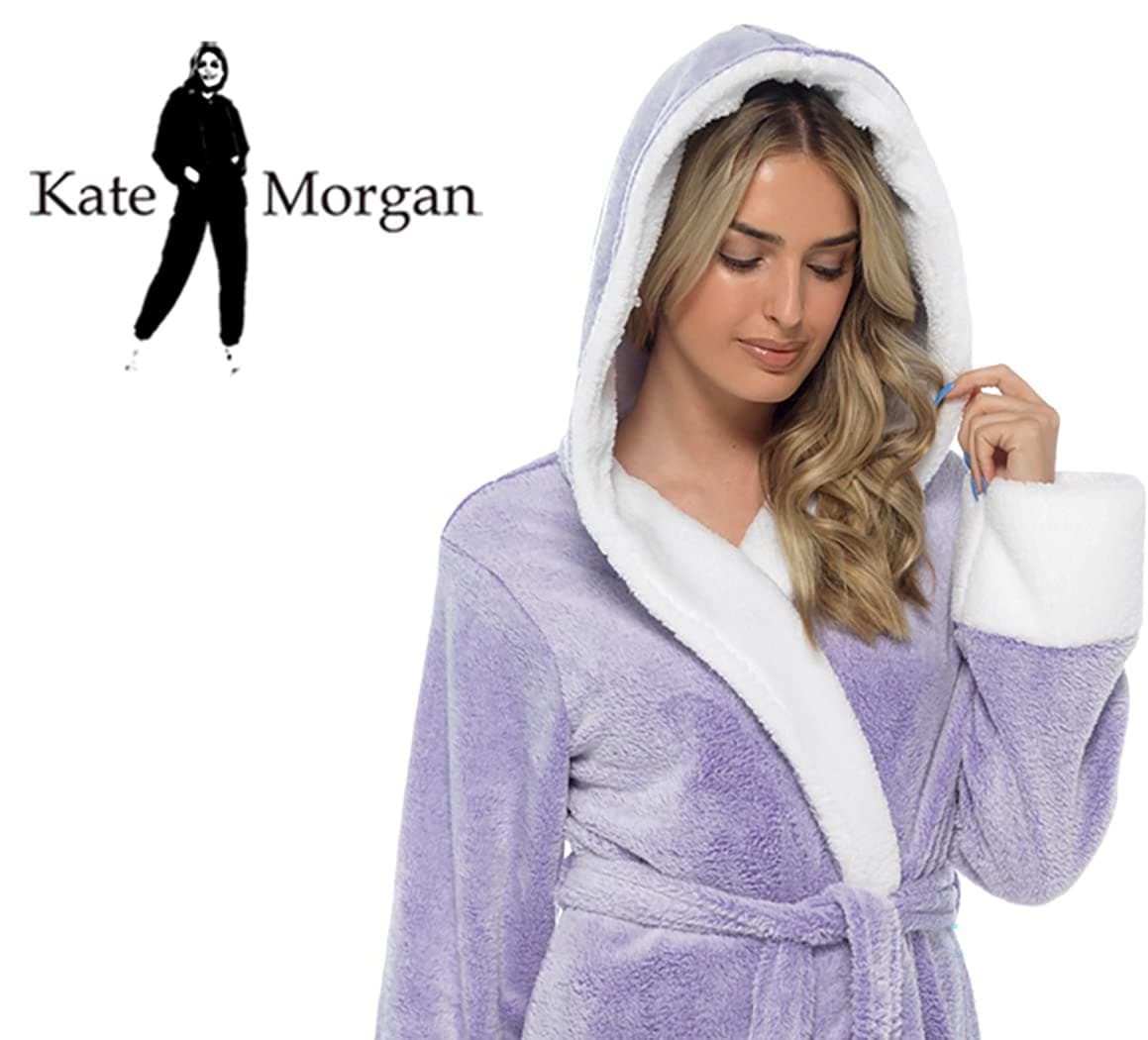 KATE MORGAN Ladies Dressing Gown Fluffy Super Soft Hooded Bathrobe for Women Plush Fleece Perfect Loungewear Long Robe | Gifts for Women — view 5