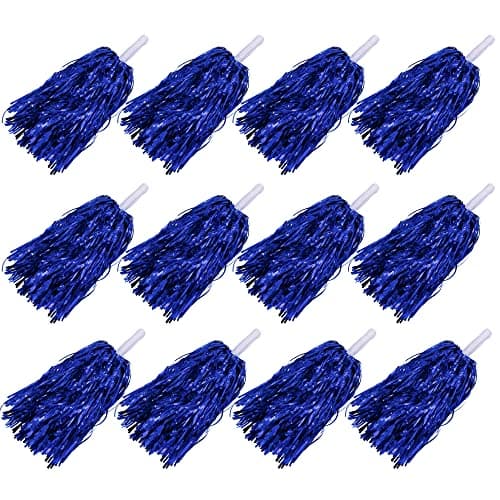12PCS Blue Cheerleading Pom Poms Metallic Foil Cheer Pom Poms with Baton Handle for Game Sports Squads Dancing Party Football Basketball Club Spirit Sports