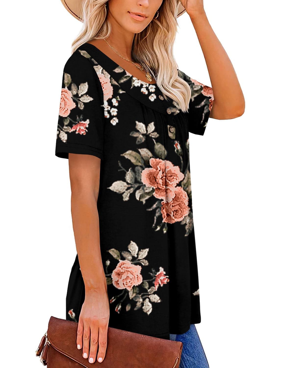 KISSMODA Ladies Pleated Tunic Tops for Women Buttons up Long Sleeve Shirts Floral Print — view 3