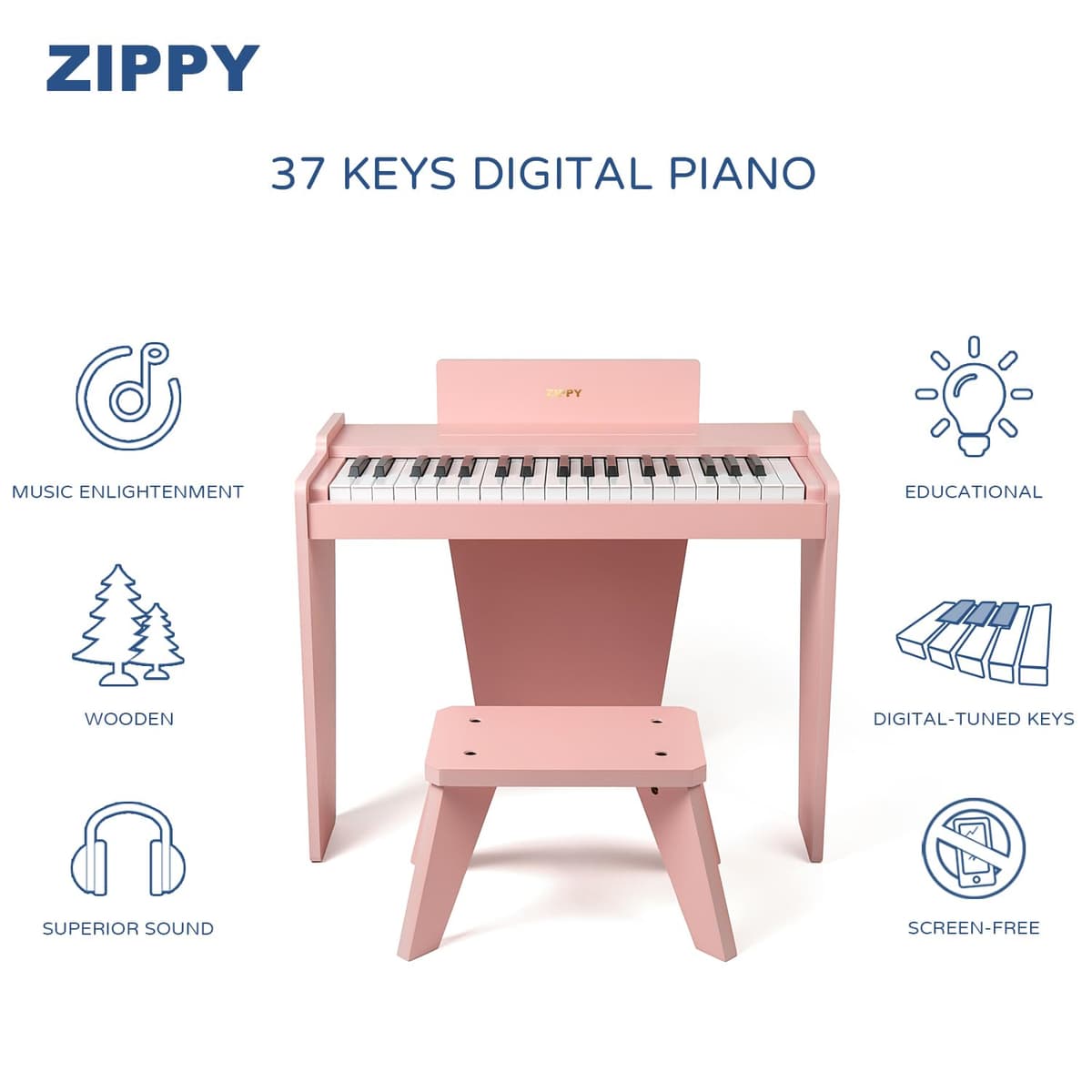 Teclado de Piano para niños, Piano Digital de 37 Teclas, Juguete de Instrumentos de Aprendizaje de música, Piano de Madera para 3 + niñas y niños (Rosa Basic) — view 2