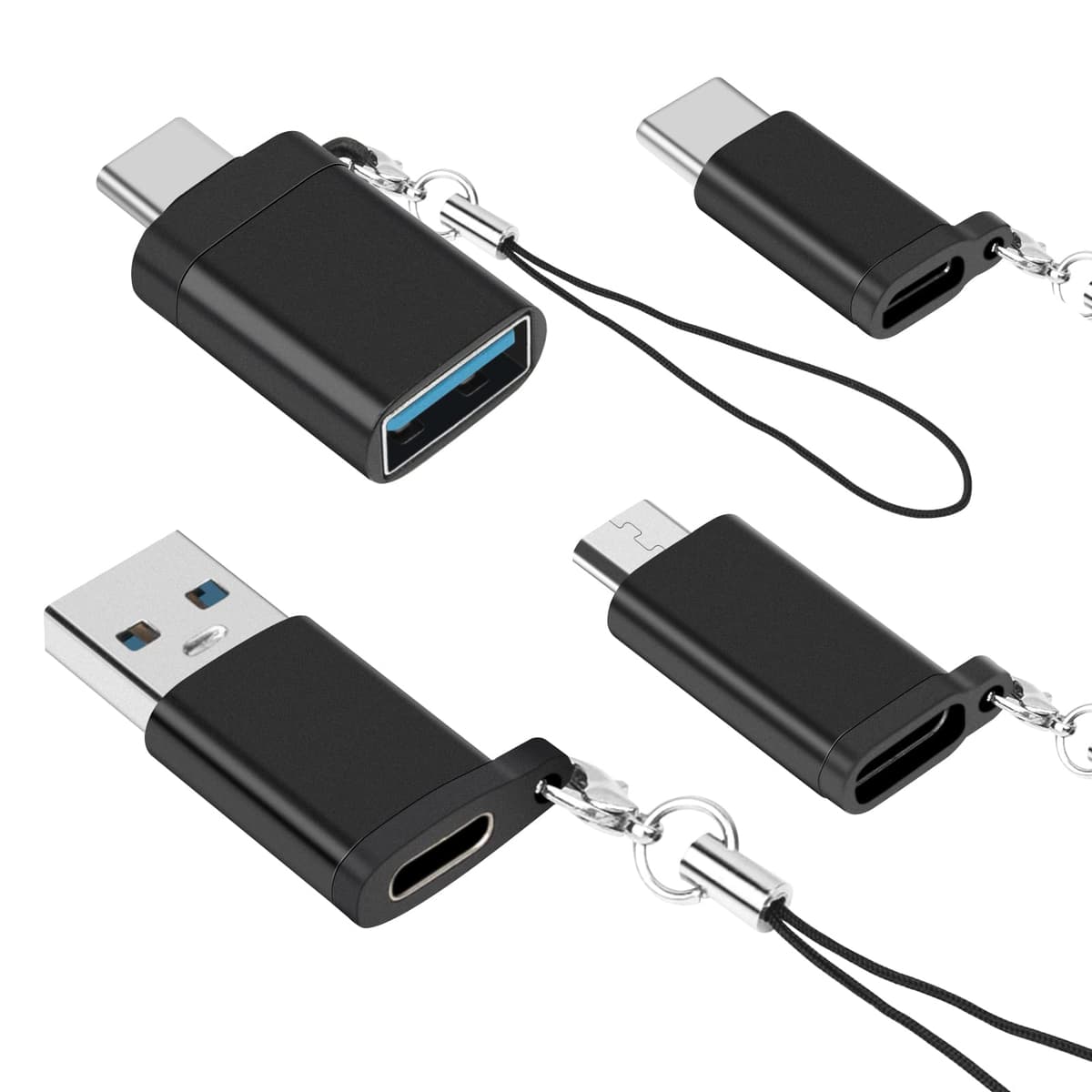 Adaptador USB C a USB 3.0, Adaptador USB C Hembra a USB Macho, Adaptador USB C a Micro USB, Adaptador Micro USB (Hembra) a USB C (Macho) con Cordón (4 Pack) para MacBook Pro, Samsung, PC