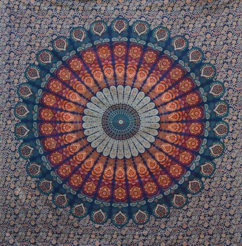 Bless International Handmade Indian hippie Bohemian Psychedelic Peacock Mandala Wall hanging College Dorm Beach Throws Table Cloth Bedding Tapestry (Golden Blue, Twin(54x72Inches)(140x185cms)) — view 5