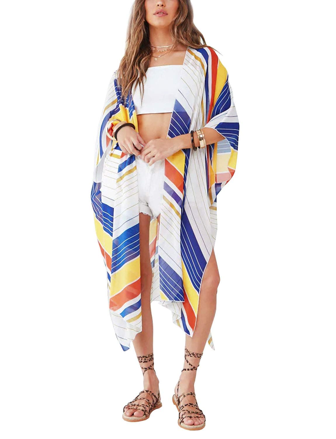 MayBuy Women's Summer Long Flowy Kimono Cardigans Boho Chiffon Floral Beach Cover Up Tops — view 11