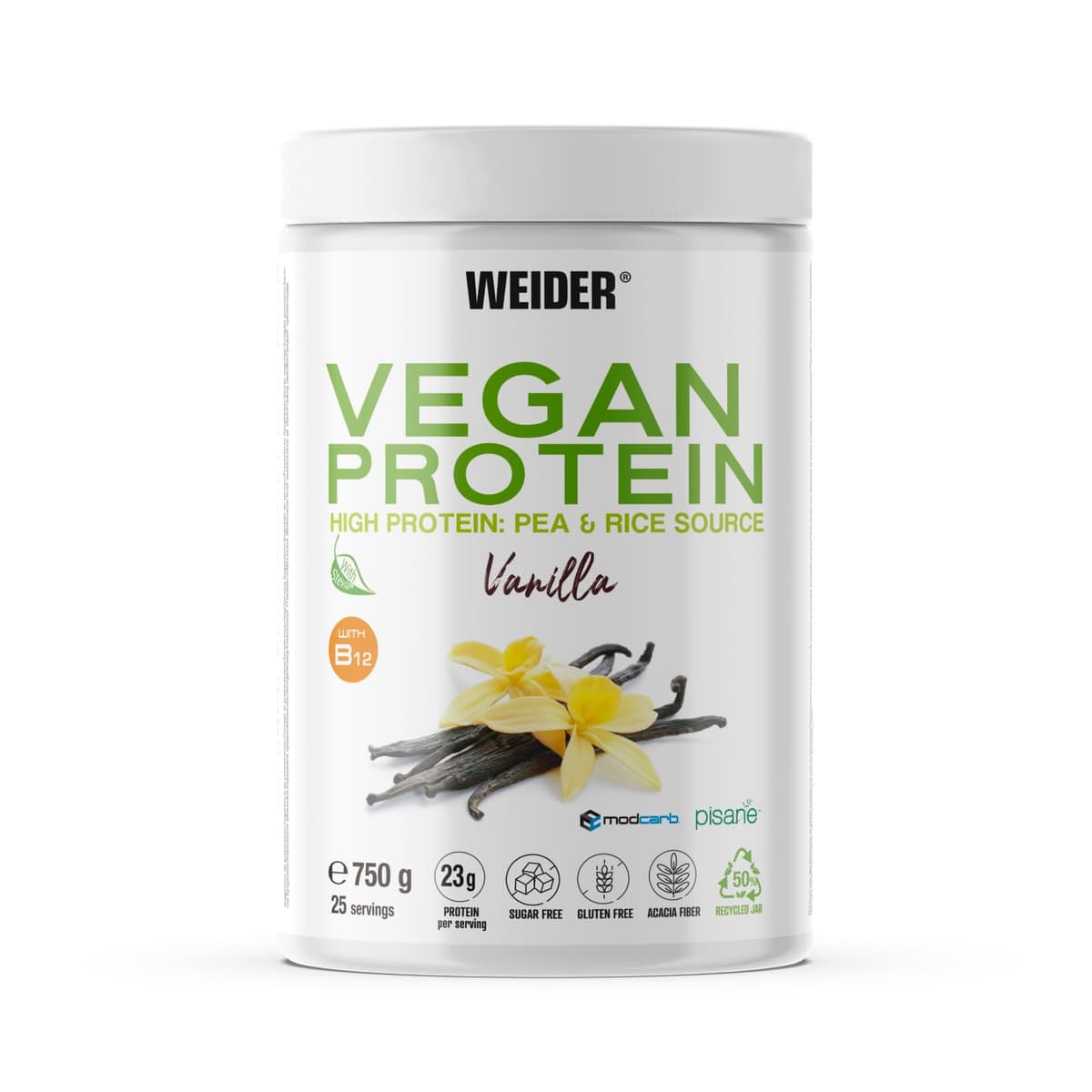 Weider Vegan Protein (750g) Sabor Vainilla. Proteína Vegana 23g/dosis Aislada Guisante (Pisane) y Arroz. Con Vitamina B12 y Stevia. Sin Gluten, Sin Azúcar. Bote 50% Reciclado, 100% Reciclable