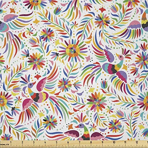 Ambesonne Mexican Fabric by The Yard, Colorful Nature Inspired Pattern Birds Flowers Leaves and Dots Creativity, Microfiber Fabric for Arts and Crafts Textiles & Decor, 1 Yard, Red