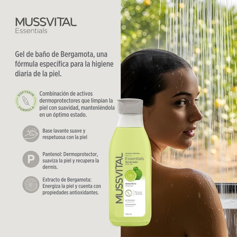 MUSSVITAL Essentials Bergamot Bath Gel 750 ml, pH 5.5 Physiological, with Panthenol, Gentle Washing Base, Daily Skin Cleaning, Body Hygiene — view 2
