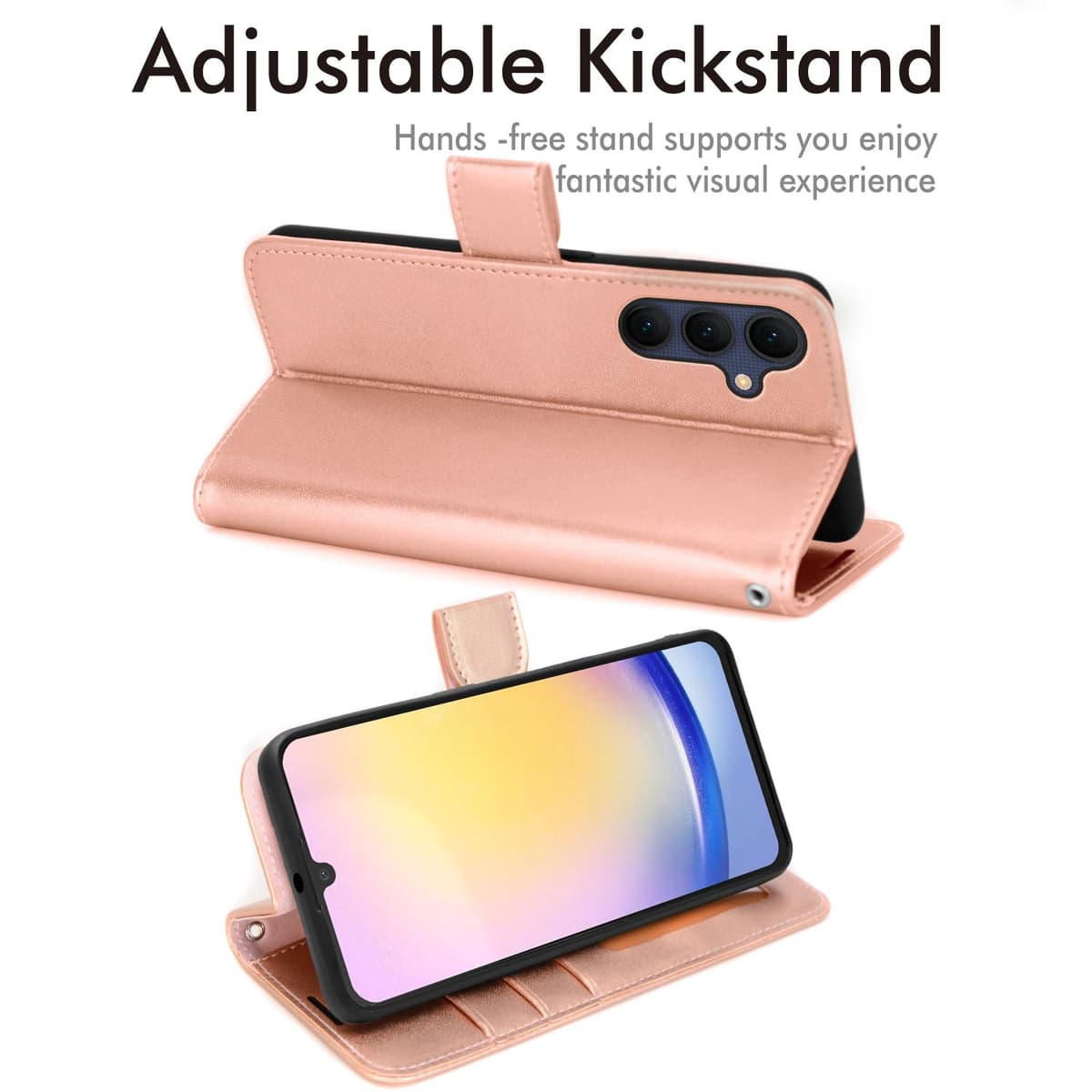 TECHGEAR Funda de Cuero tipo Cartera para Galaxy A25 5G, Funda Protectora con Tapa [BLOQUEO RFID] con Tarjetero, Soporte y Correa para la muñeca - Cuero PU Dorado Rosa con Cierre magnético para Samsun — view 4