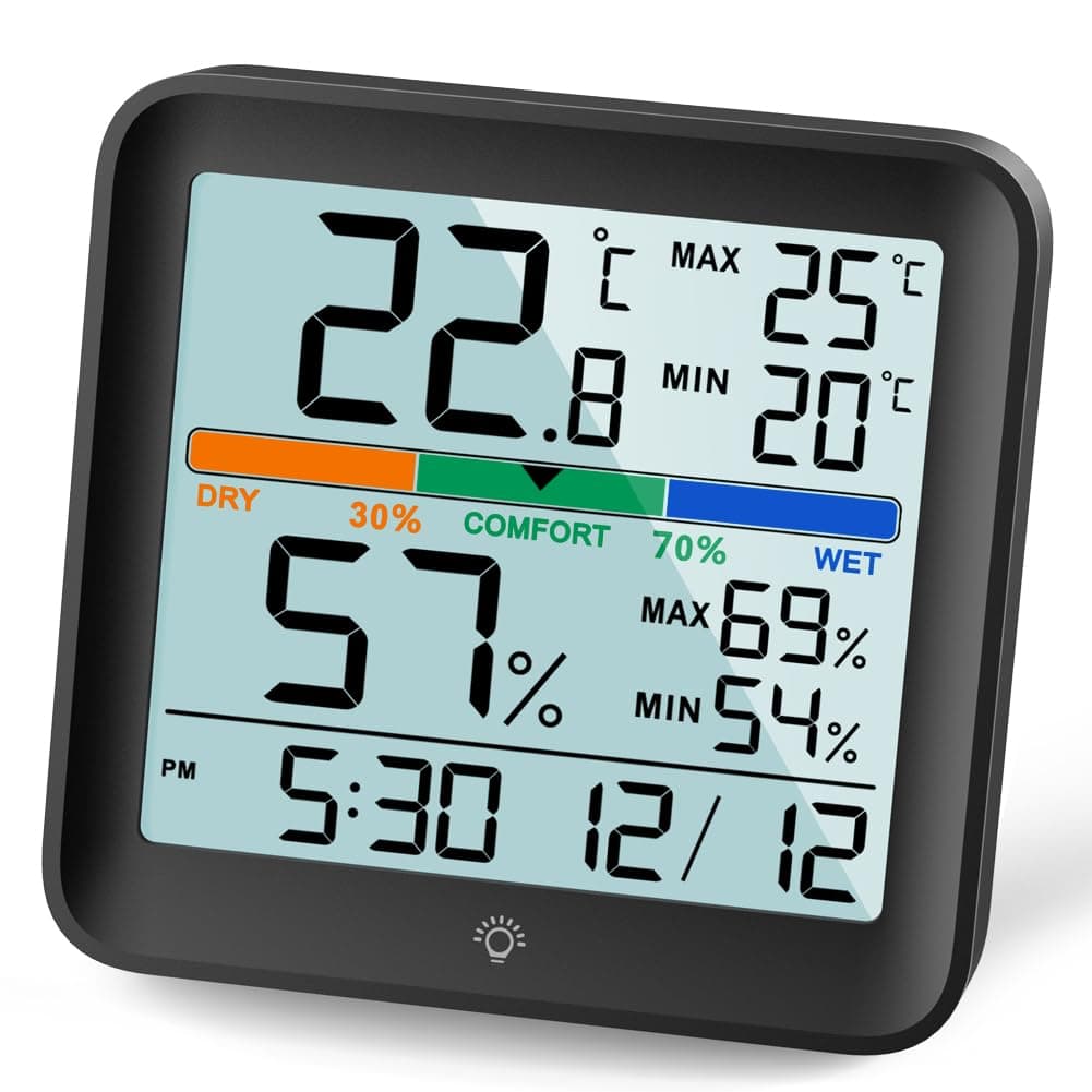 NOKLEAD Higrómetro Termómetro para interiores - Medidor digital de humedad de la habitación Medidor de monitor de temperatura preciso Registros máximos/mínimos, LCD táctil con reloj retroiluminado — view 11