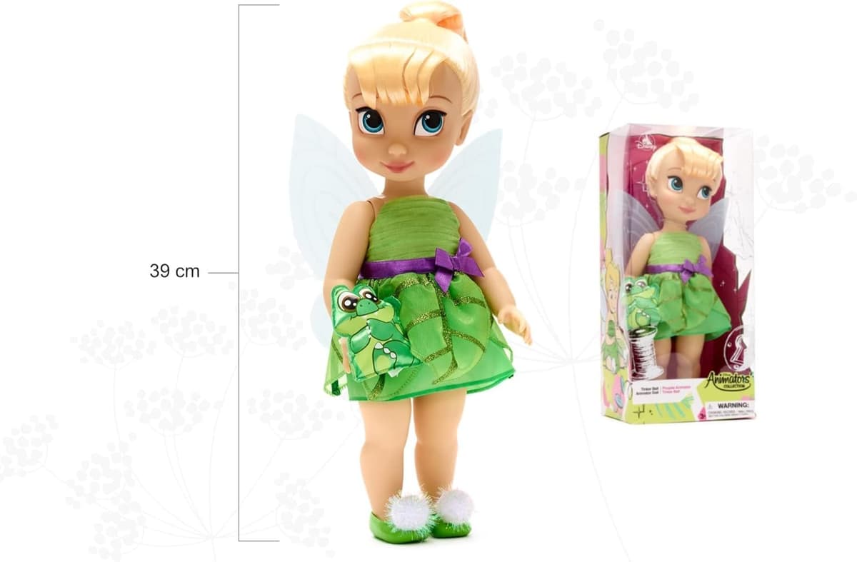 Disney Store: muñeca niña coleccionable de Campanilla (colección Animators), Peter Pan, 39 cm, pelo enraizado y traje realistas, peluche del cocodrilo Tic Tac en raso acolchado, para mayores de 3 años — view 2