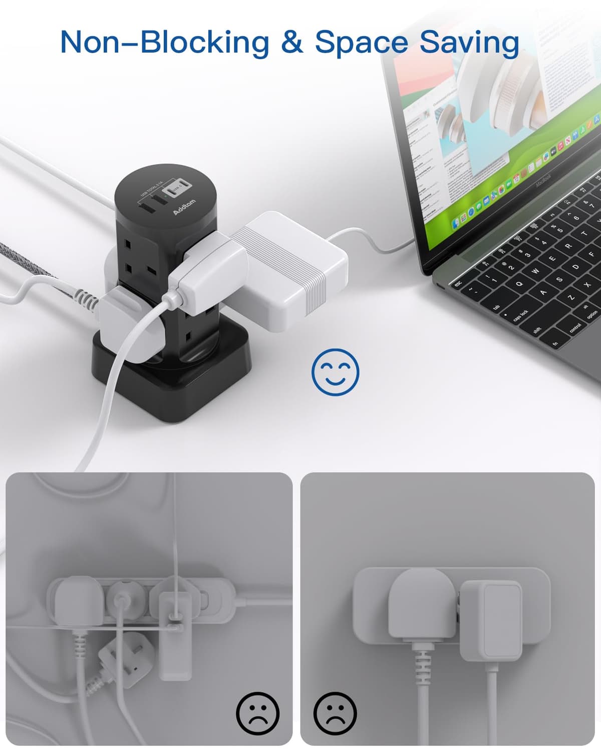 Tower Extension Lead with USB Slots, (13A 3250W), 8 Way Multi Plug Extension Tower & 4 USB Ports (2 Type C), 1.8M Extension Cable, Extension Lead tower for Home Office School Supplies (Black) — view 4