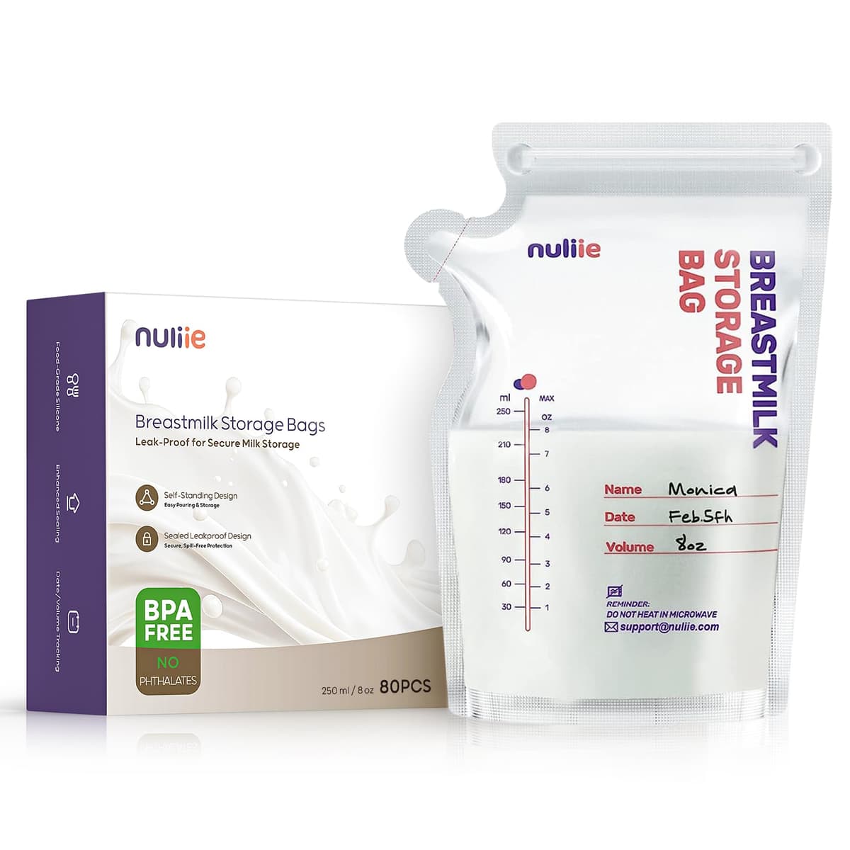 Nuliie 120 Pcs Breast Milk Storage Bags, 250ml BPA Free Milk Storage Bags with Pour Spout for Breastfeeding, Self-Standing or Flat Pre-sterilised Bag, Space Saving for Fridge or Freezer Use — view 12