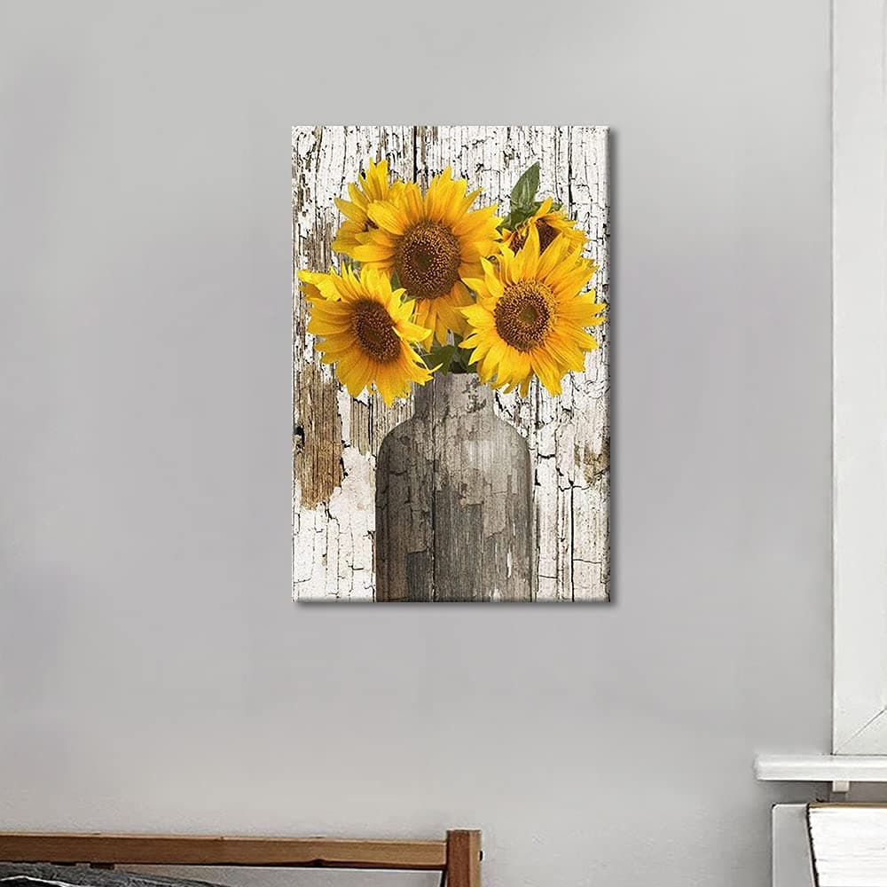 TISHIRON Wall Art Prints Yellow Sunflower in Vase with Frame 24"x16" Canvas Painting Artwork Home Decor Ready to Hang for Bedroom Livingrong Kids Gift — view 3
