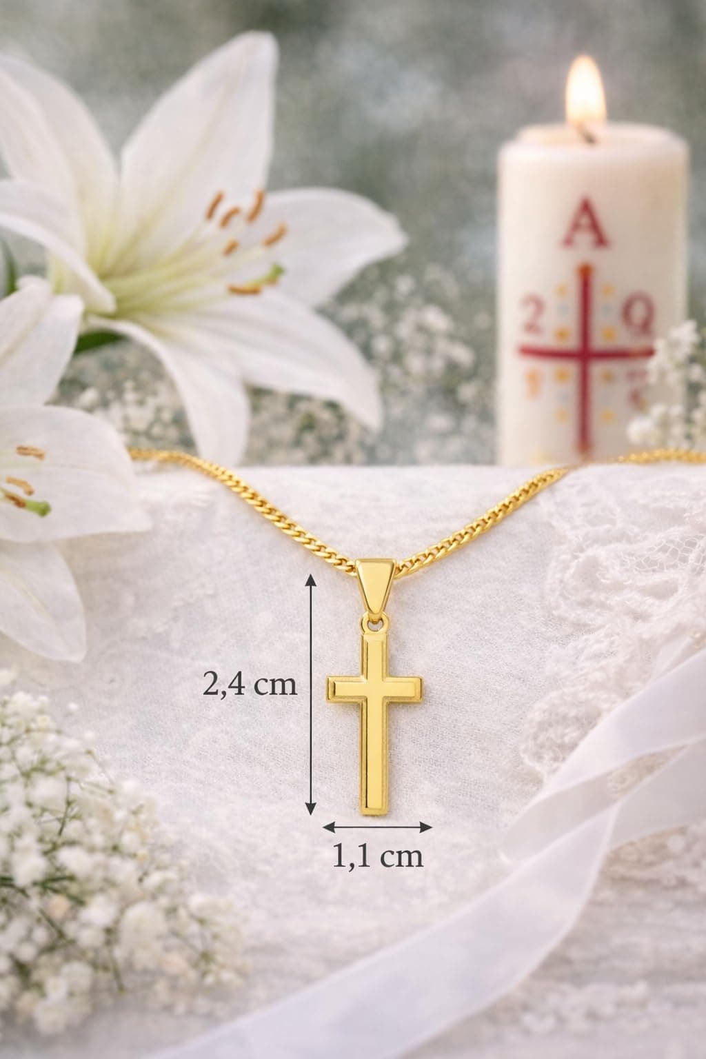 ZELYA Cadena de oro con cruz chapada en oro 925/585 de 14 quilates, cadena de eslabones para niñas y niños, cadena de comunión con cruz, cadena infantil para comunión y bautizo, caja de regalo con — view 3