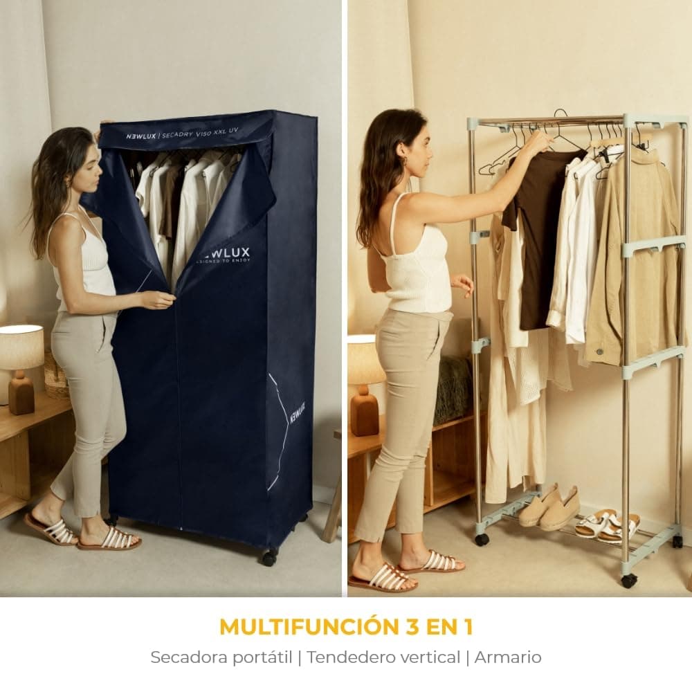 Newlux - Secadora de Ropa Eléctrica Portátil Secadry Azul con Luz UV para Desinfectar. Capacidad 15Kg, Temp. 180min, 4 Niveles. Secadora por Ventilación (1200W) 3 en 1. Ideal como Armario y Tendedero — view 7