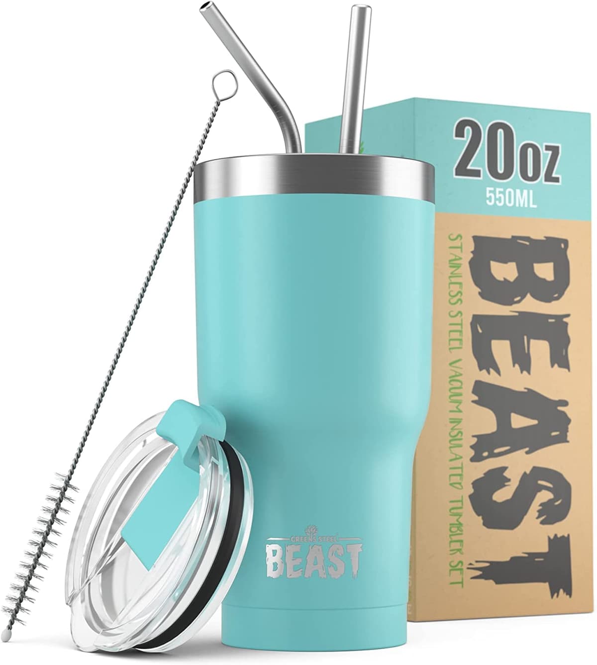 Greens Steel Beast Tumbler – 550 ml (20 oz), Coral | Vaso de acero inoxidable reutilizable con aislamiento al vacío | con 2 pajitas y cepillo de limpieza | Termo de viaje de doble pared — view 16