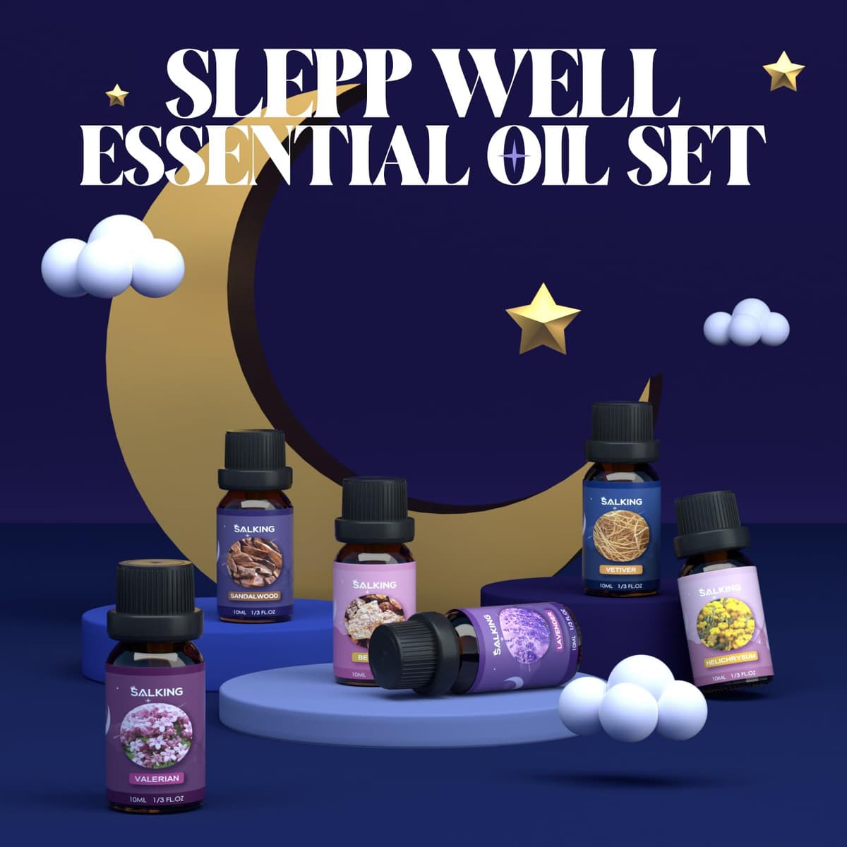 SALKING Juego de Aceites Esenciales para Dormir - Aceites Puros y Naturales para Humidificadores y Difusores - Lavanda, Vetiver, Sándalo, Valeriana, Helicriso, Benjuí — view 2