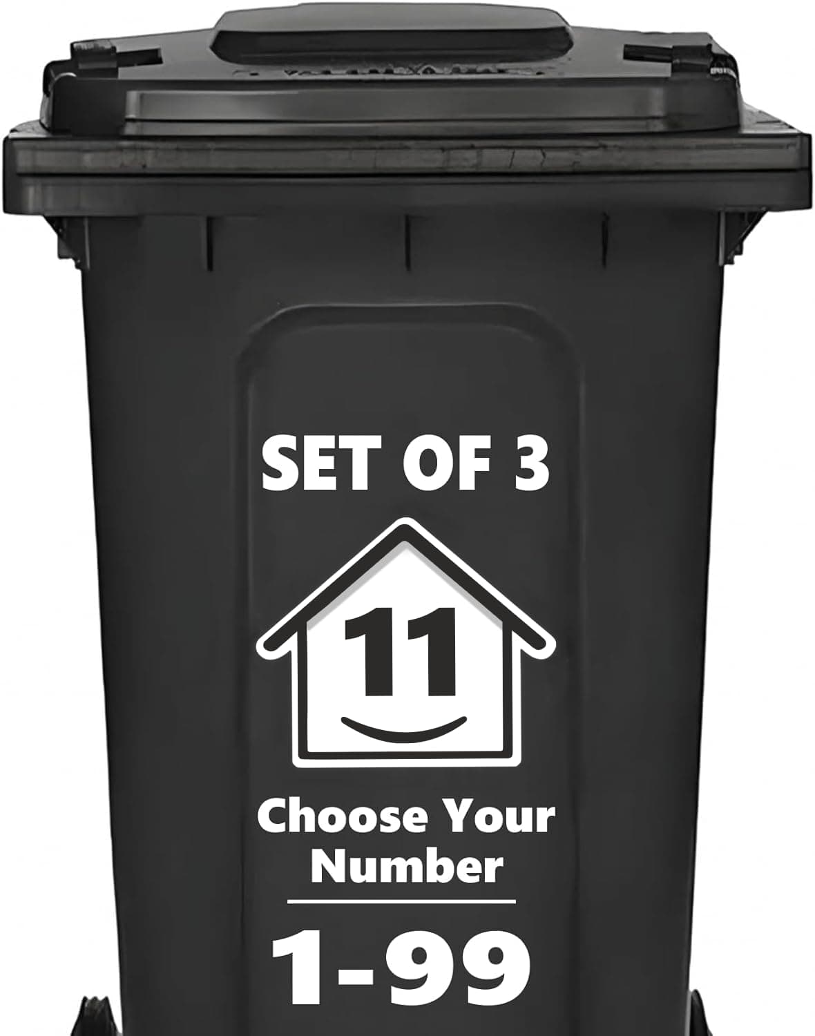 3 x Bin Numbers for Wheelie Bins, 1-99, 15cm ‘Happy House’ Design Dustbin Stickers, Easy Application Stick On Number Stickers - Weatherproof Self Adhesive Vinyl, Black (11)