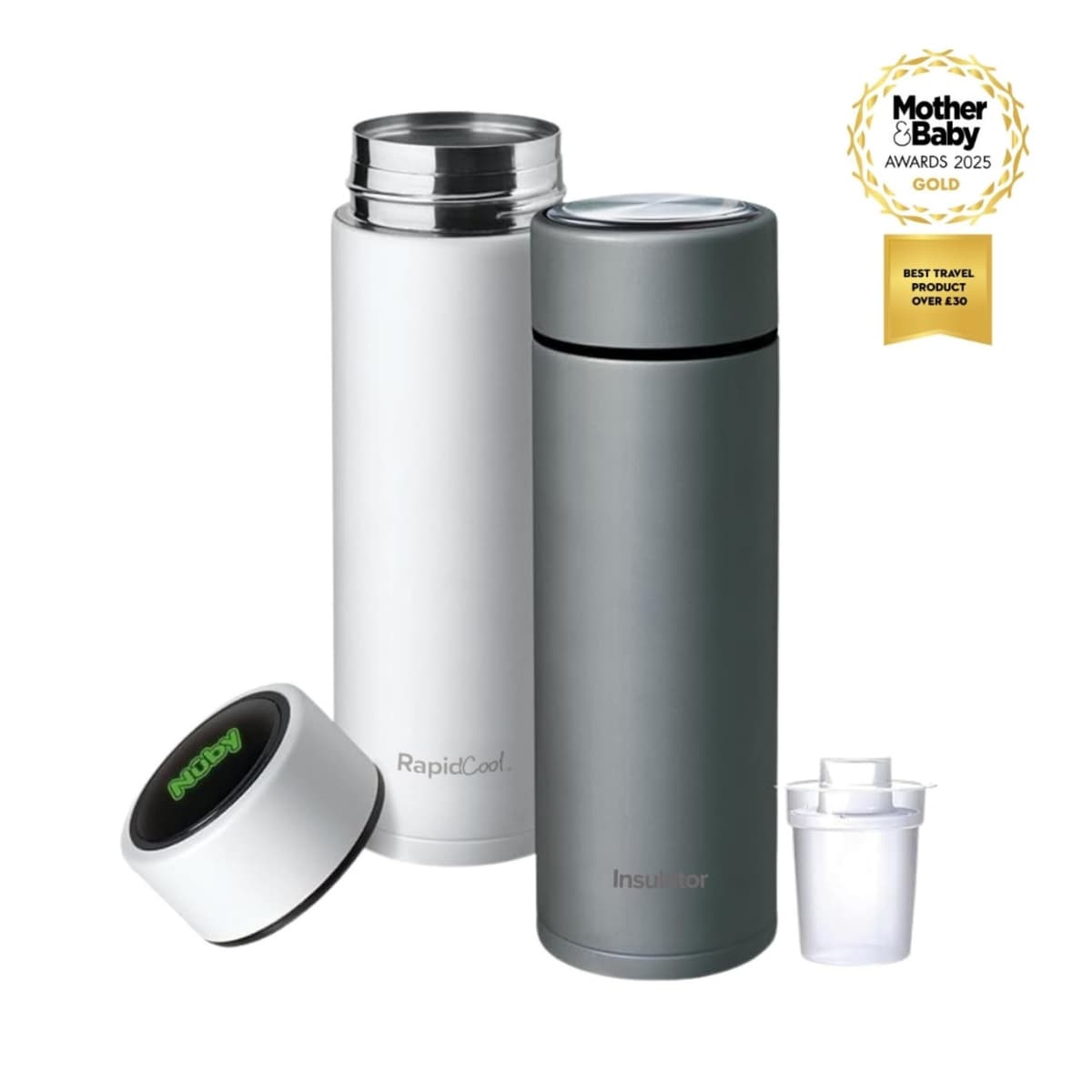 Nuby RapidCool Portable Baby Bottle Maker Twin Pack - Formula Feed in 2 Minutes | Ideal for Travel Bottles and Night Feeds | Includes Milk Powder Dispenser, Digital Lid & Flask (White) — view 2