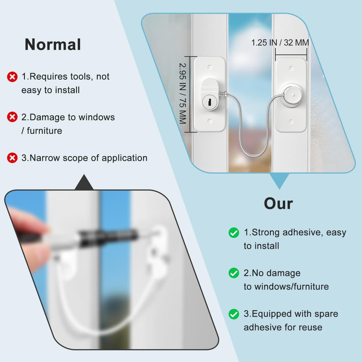 Window Safety Lock, Window Locks for UPVC AOSITE 2Pack No Drilling Window Restrictor Self Adhesive,Versatile Refrigerator Lock with Key Child Window Safety Locks Pet Safety Cable Lock for Childproof — view 3