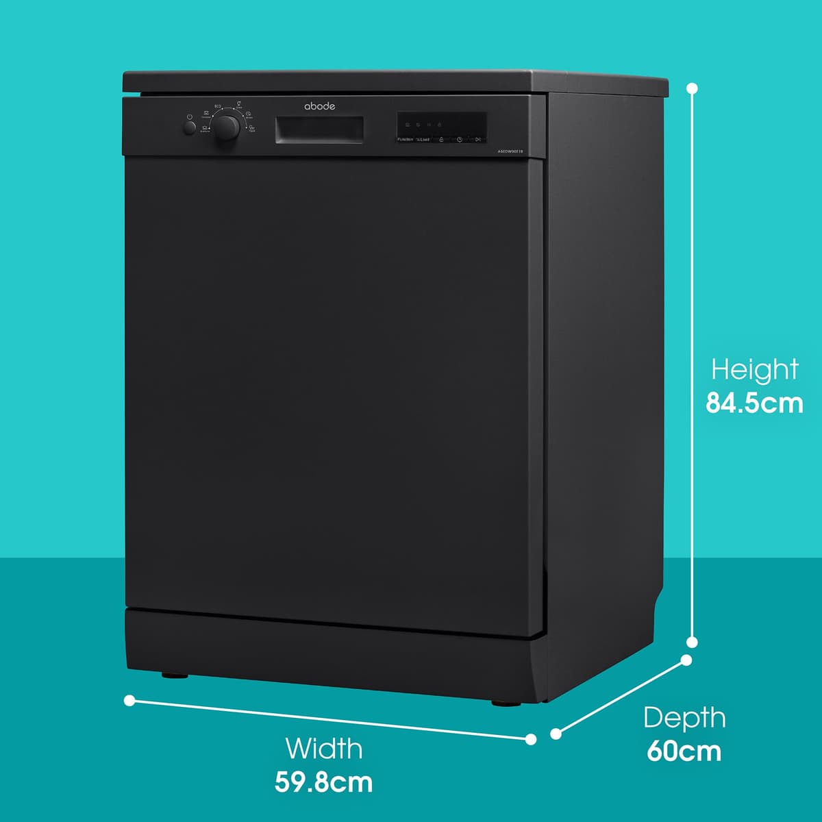 Abode Freestanding Dishwasher Class E with 12 Place Settings, 6 Wash Programs, 24-Hour Delay Start, Removable Cutlery Basket & Deep Clean Function in Black A60DW00E1B — view 3