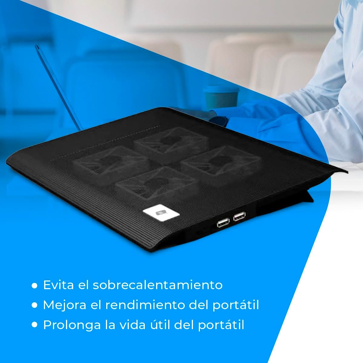 NK Base Refrigeradora Portátil - Ventilador Ordenador Portatil de 12-17" con Soporte, 4 Ventiladores Silenciosos, 2 Puertos USB, Refrigeración Rápida, Luz LED Azul - Color Negro — view 3