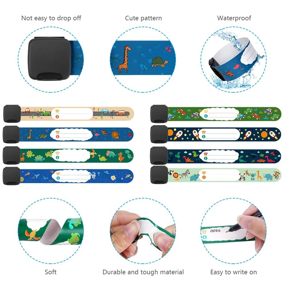Vicloon Pulsera Identificativa Niños + Marcador, 8 piezas Pulsera Seguridad Anti perdida Pulsera de Emergencia Impermeable Reutilizable para Niños Niñas Bebé Arneses de seguridad Bebé — view 3