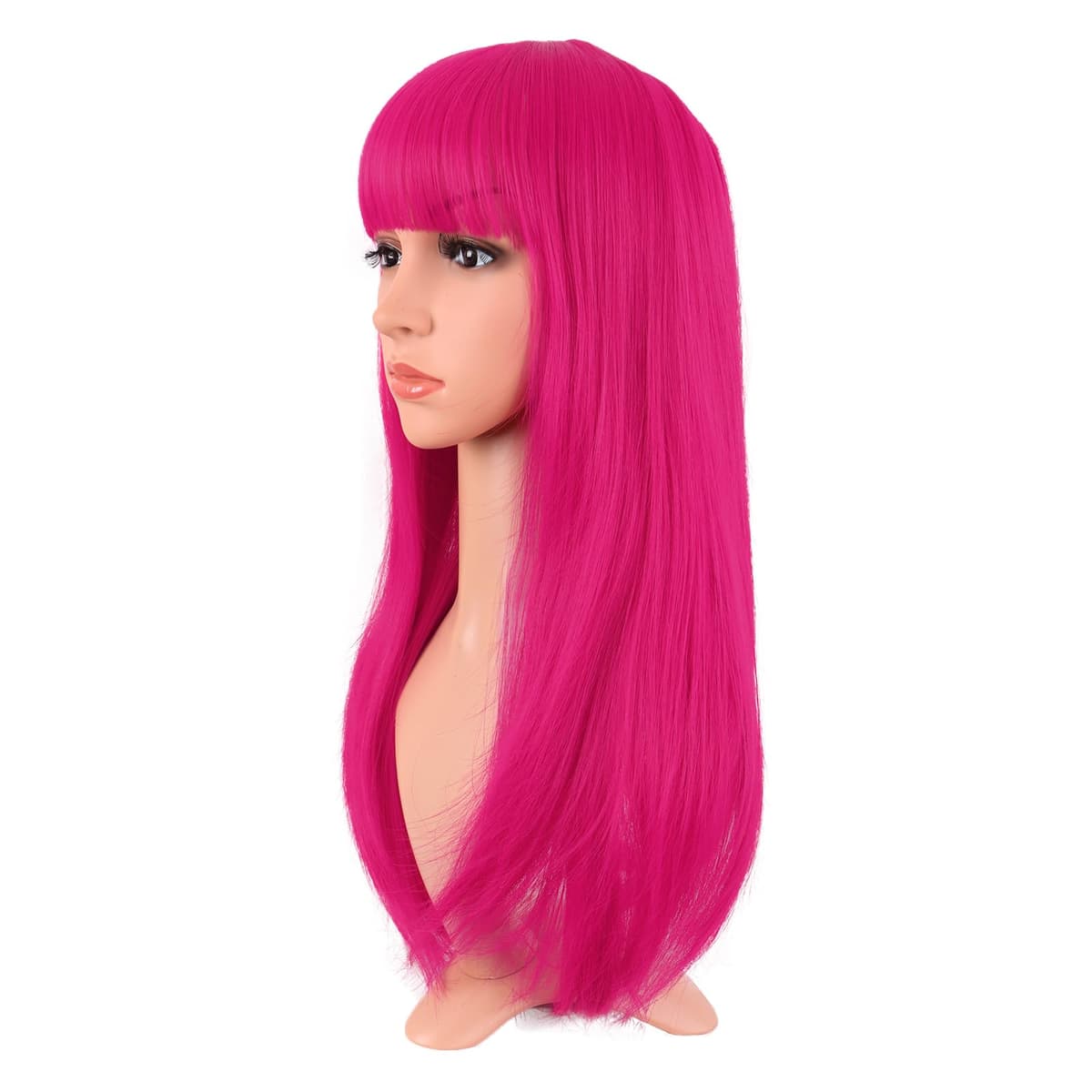 MapofBeauty 24 Pulgada/60 cm Largo Lacio Peluca Con Flequillo Sintética Cabello Heat Resistente Para Fiesta de Cosplay (Rosa Caliente) — view 3