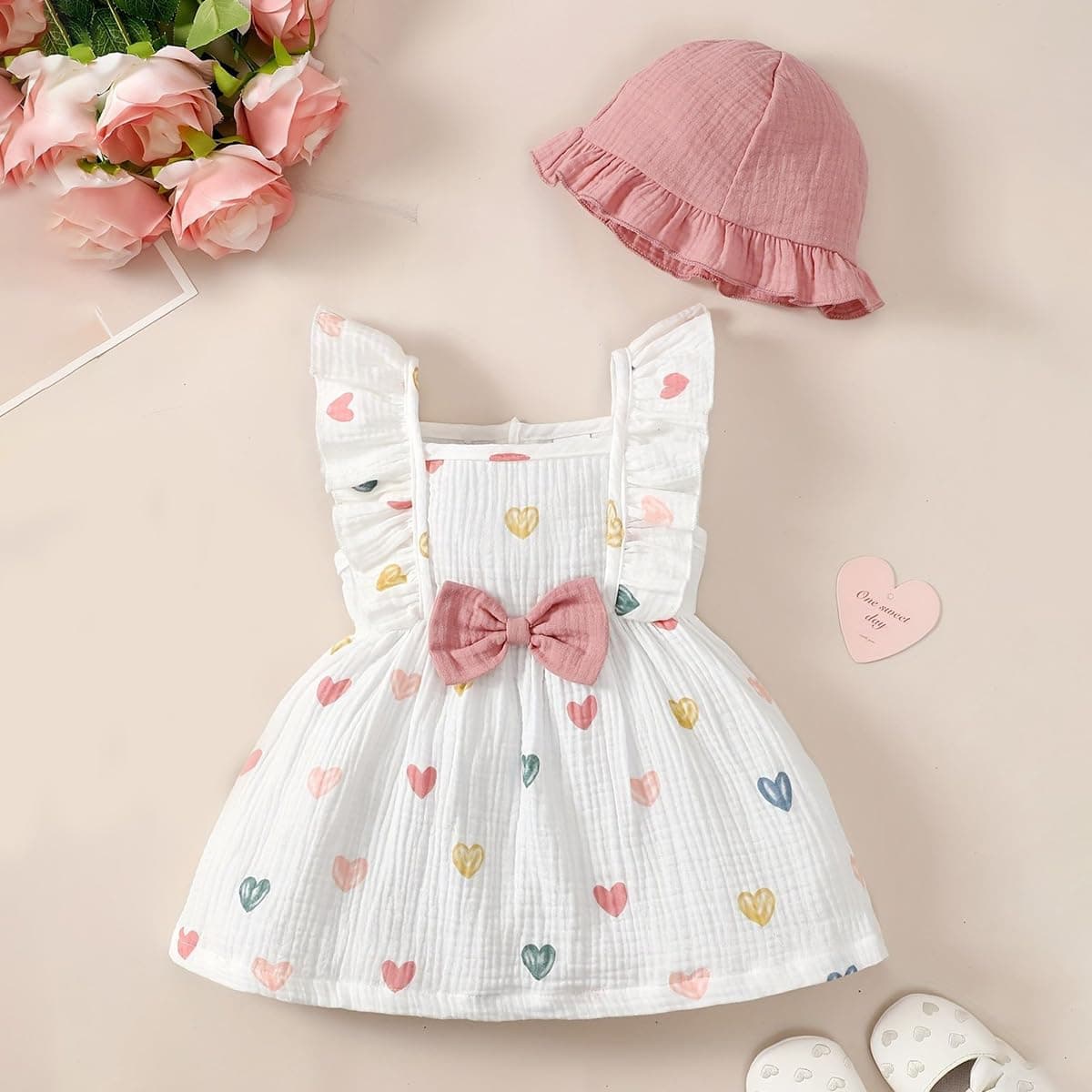 Conjunto Vestido y Gorro para Niña Pequeña Mangas con Volantes Estampado de Corazones/Flores de Algodón Lino Ropa de Primavera Verano — view 3