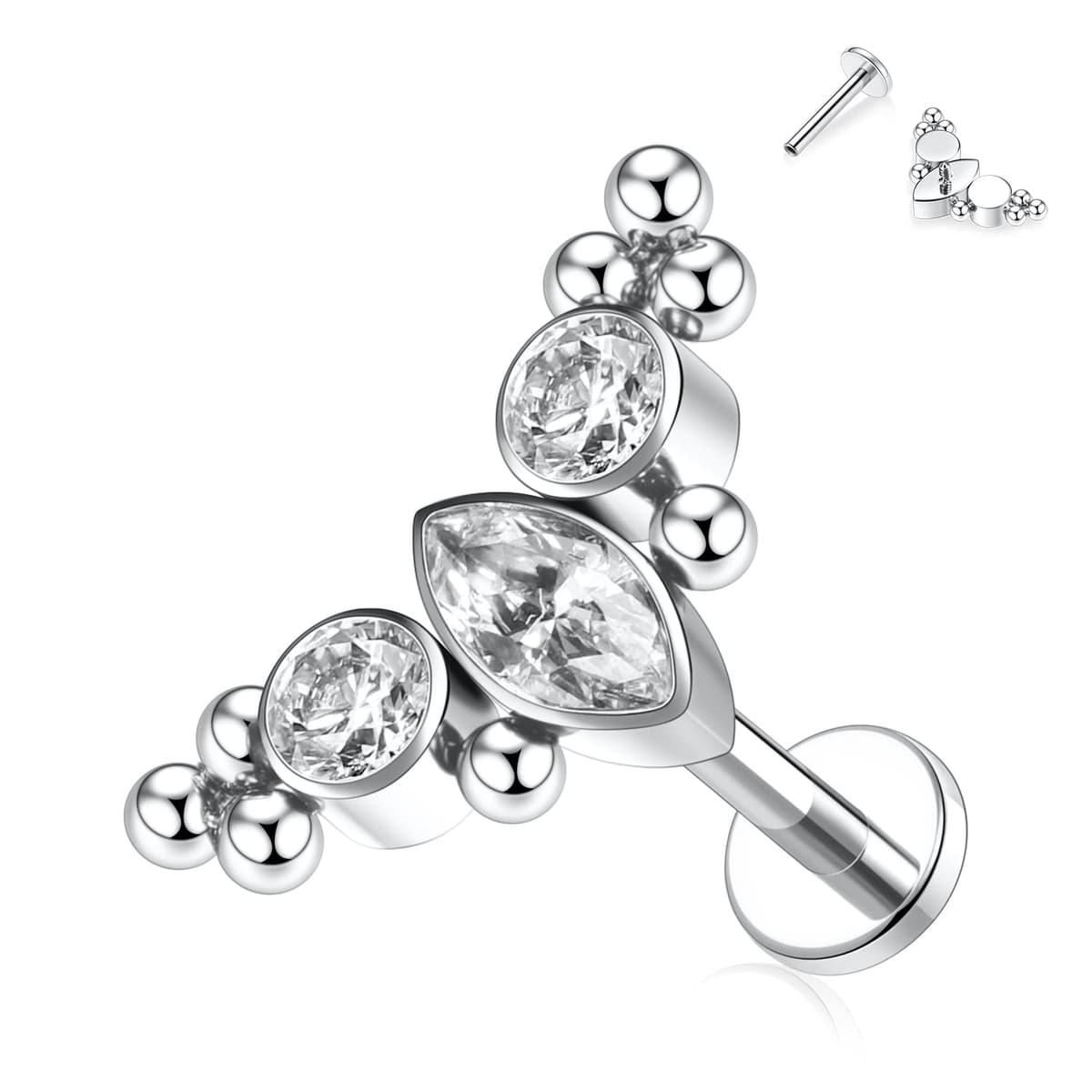 hengkaixuan 16G Titanium Labret Studs - Internally Threaded Flatback - Unisex - Silver - Piercing Jewellery