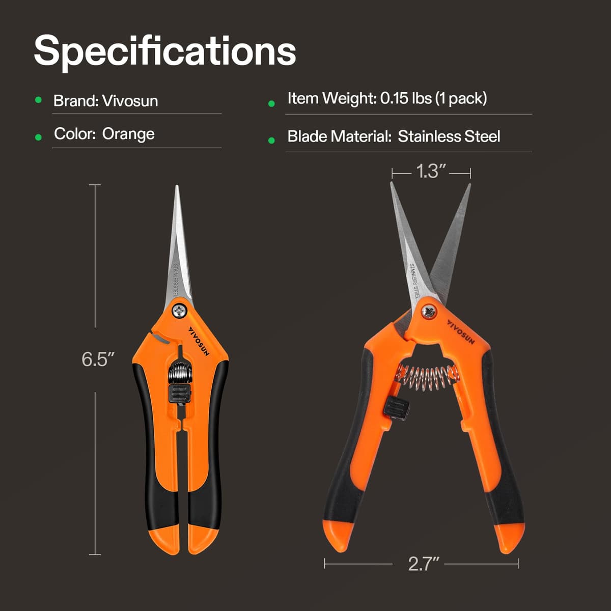 VIVOSUN 6.5 Inch Gardening Scissors Hand Pruner Pruning Shear with Straight Stainless Steel Blades Orange 1-Pack — view 3