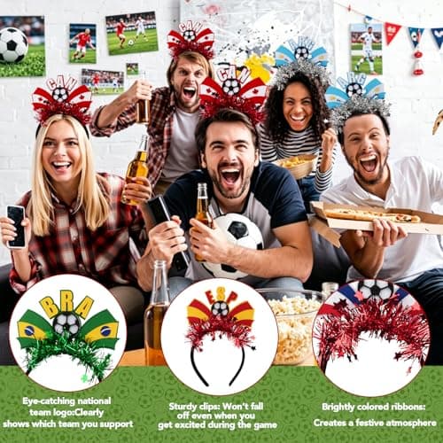 2026 World Soccer Match Party Hair Accessories Set, 5 Pack Glitter Flag Headbands (Canada/Argentina/Brazil/France/Spain), Soccer Football Fan Gear Hairband for Game Day, Soccer hair accessory