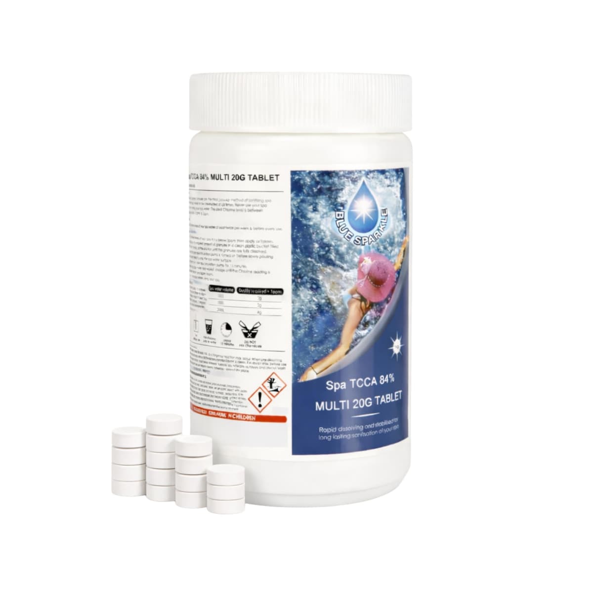 1 Kg Multifunctional Chlorine Tablets 50 x 20g Slow Release, 4 in 1 Sanitiser Stabiliser Algaecide and Clarifier Dispenser Tablets for Hot Tubs, Swimming Pools, Spas and Paddling Water Cleaning