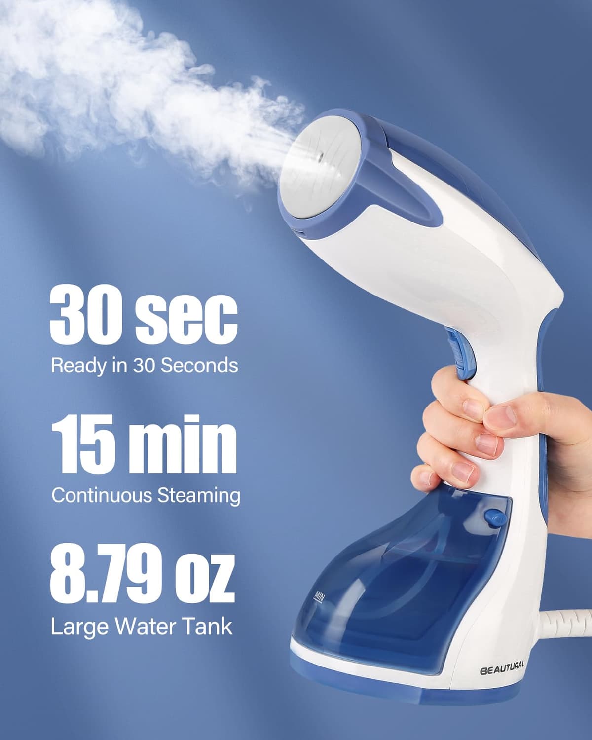 BEAUTURAL Clothes Steamer, Portable Handheld Steamer, Garment Fabric Wrinkles Remover, 30-Second Fast Heat-up, Auto-Off, Large Detachable Water Tank, Dark Blue — view 2
