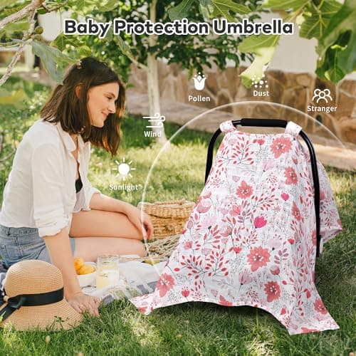 Rquite Infant Car Seat Cover for Babies Girls, Muslin Cotton Carseat Canopy, Breathable Stroller Sun Shade, Baby Shower Gift & Newborn Essentials, Universal Fit Summer & Hot Weather (Pink Flowers) — view 2