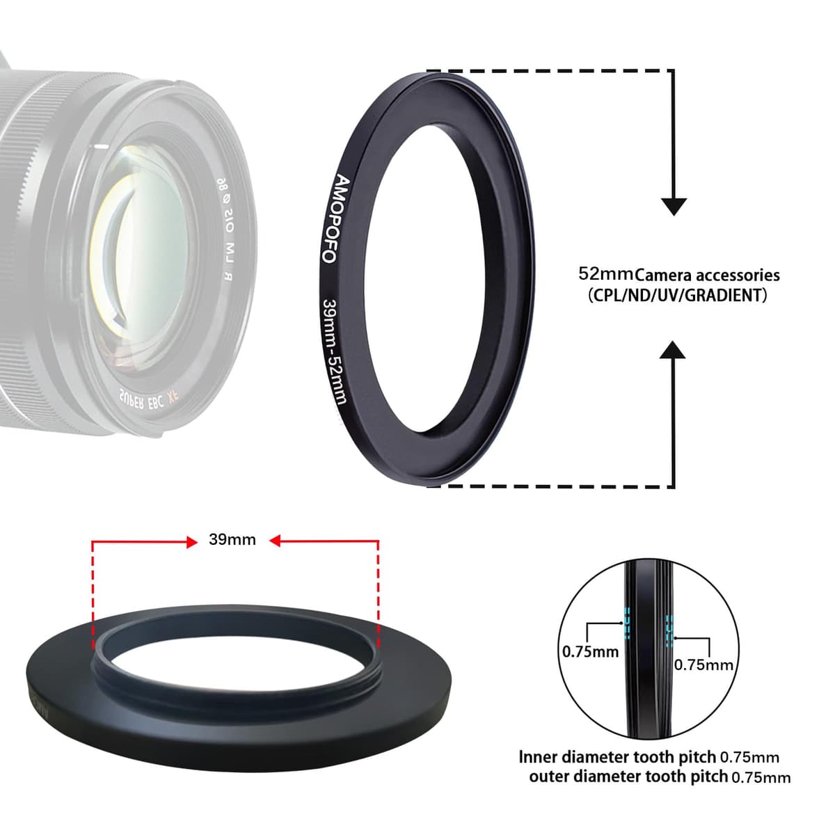 39mm Lens to 52mm Camera Filter Ring,39mm-52mm Step Up Ring For Filters,Made Of CNC Machined aluminum.for 52mm UV,ND,CPL Camera Filter accessories — view 5