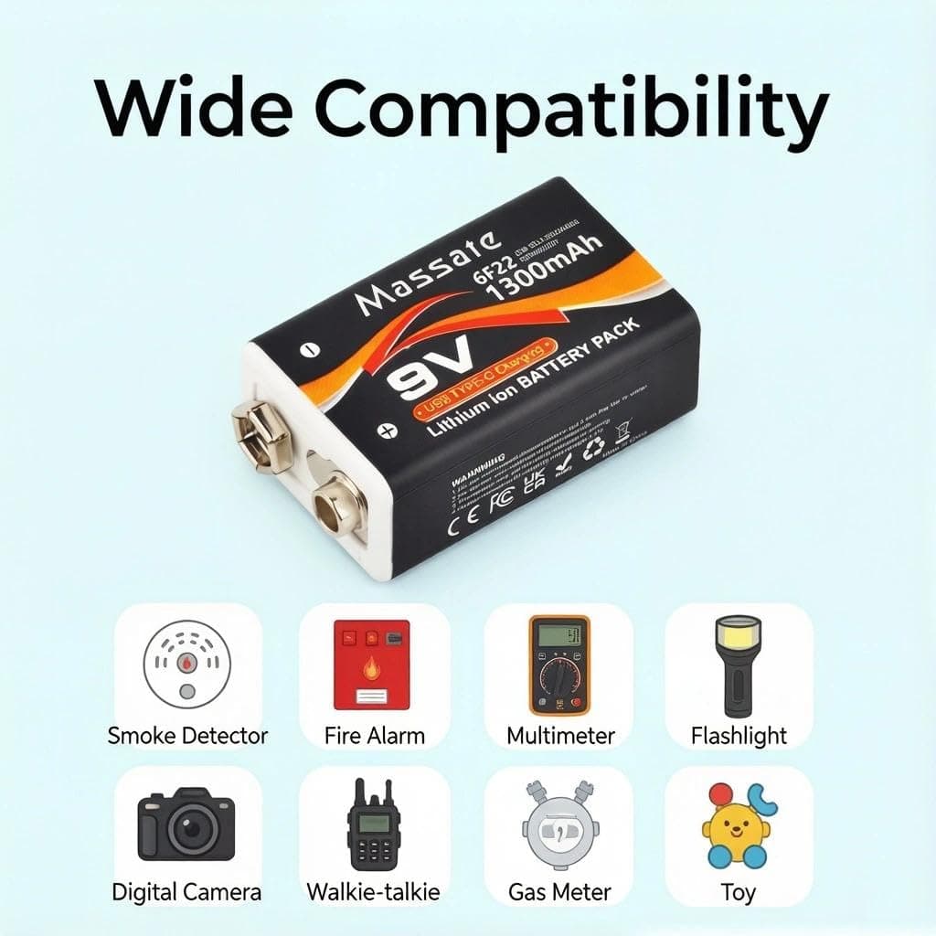 4 Pcs 9V Rechargeable Batteries 1300mAh, USB C Rechargeable Lithium Ion Battery with 4 in 1 Charging Cable, Long Lasting 9 Volt Battery for Smoke Detector, Guitar Pedal, Microphone — view 3