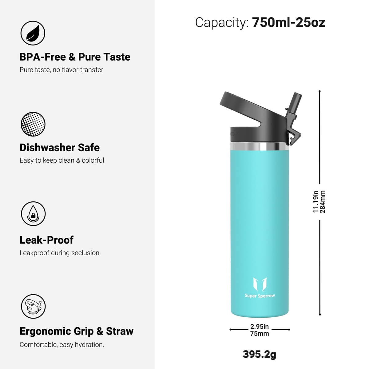 Super Sparrow Botella de Agua Acero Inoxidable - Botella Termica Boca Ancha con Paja 750ml - Sin BPA, para Gimnasio, Deporte, Oficina, Yoga, Ciclismo — view 3