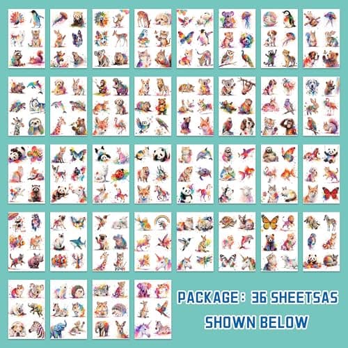 Keikihipa 216 PCS Watercolor Animals Kids Temporary Tattoo Set Party Favors