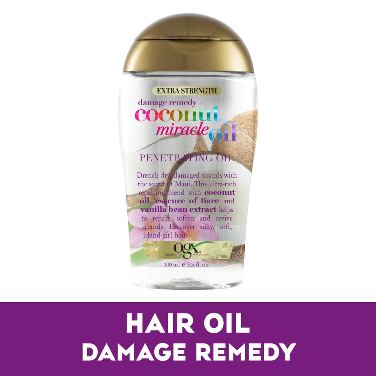 OGX Coconut Miracle Oil Extra Strength Penetrating Hair Oil for Dry, Damaged, and Frizzy Hair, Intense Hydration, Frizz Control, and Shine with Coconut Oil, Tiare, and Vanilla Bean Extracts, 100 ml — view 6