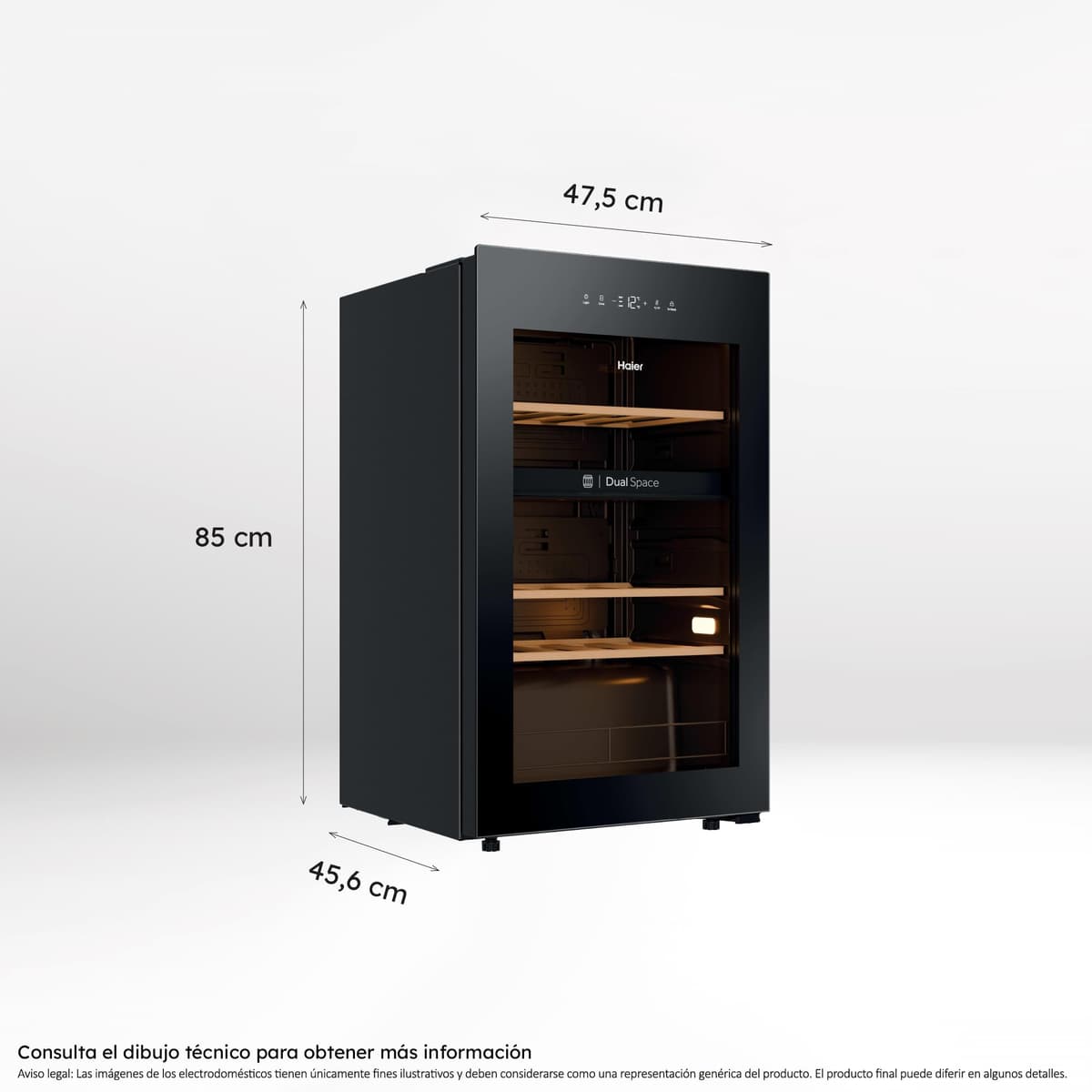 Haier Wine Bank 50 Series 5 HWS32GDG Vinoteca de 32 botellas, 2 Zonas independientes, Estantes de madera, Filtro Anti-UV, Sistema Antivibración, Display Digital, Iluminación LED, 37 dbA, Negra — view 3