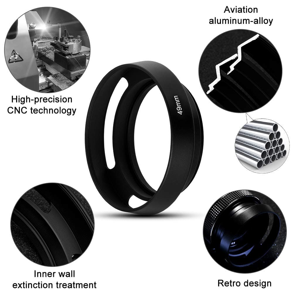 37mm Hollow Lens Hood,Fotover Universal Metal Hollow Tilted Vented Curved Lens Hood with Centre Pinch Lens Cap for Leica Canon Nikon Sony Pentax Olympus Fuji Camera + Microfiber Cleaning Cloth — view 2