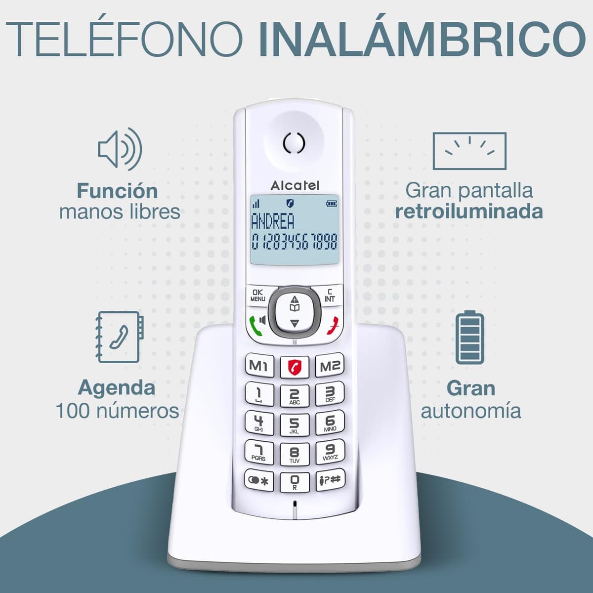 ALCATEL F530 - Teléfono inalámbrico DECT - Gran pantalla retroiluminada - Manos libres - Bloqueo de llamadas - 2 teclas de memoria directa - Blanco/Gris — view 2