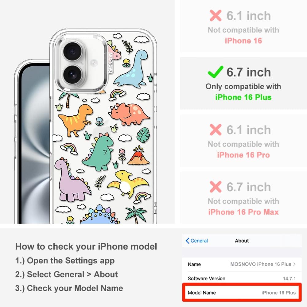 MOSNOVO Case for iPhone 16 Plus, [Buffertech 6.6ft Military-Grade Drop Protection] [Anti Peel Off Tech] Clear TPU Bumper Phone Case Cover Design - Dinosaur Land — view 2