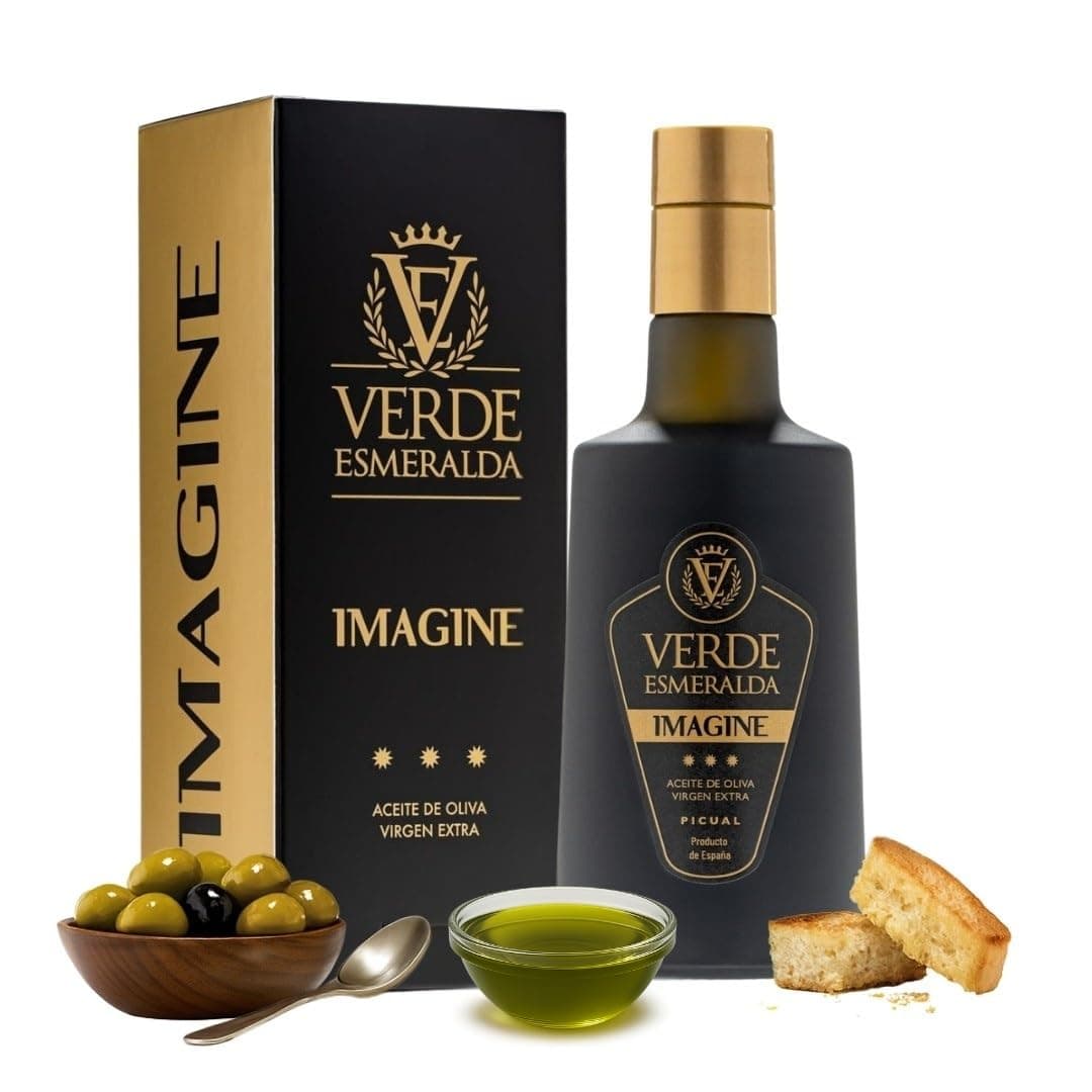 Verde Esmeralda Aceite de Oliva Virgen Extra Picual Imagine – Edición Especial España-Jaén, 500ml | AOVE monovarietal filtrado Sierra de Cazorla, afrutado intenso, oliva verde, tomate y almendra