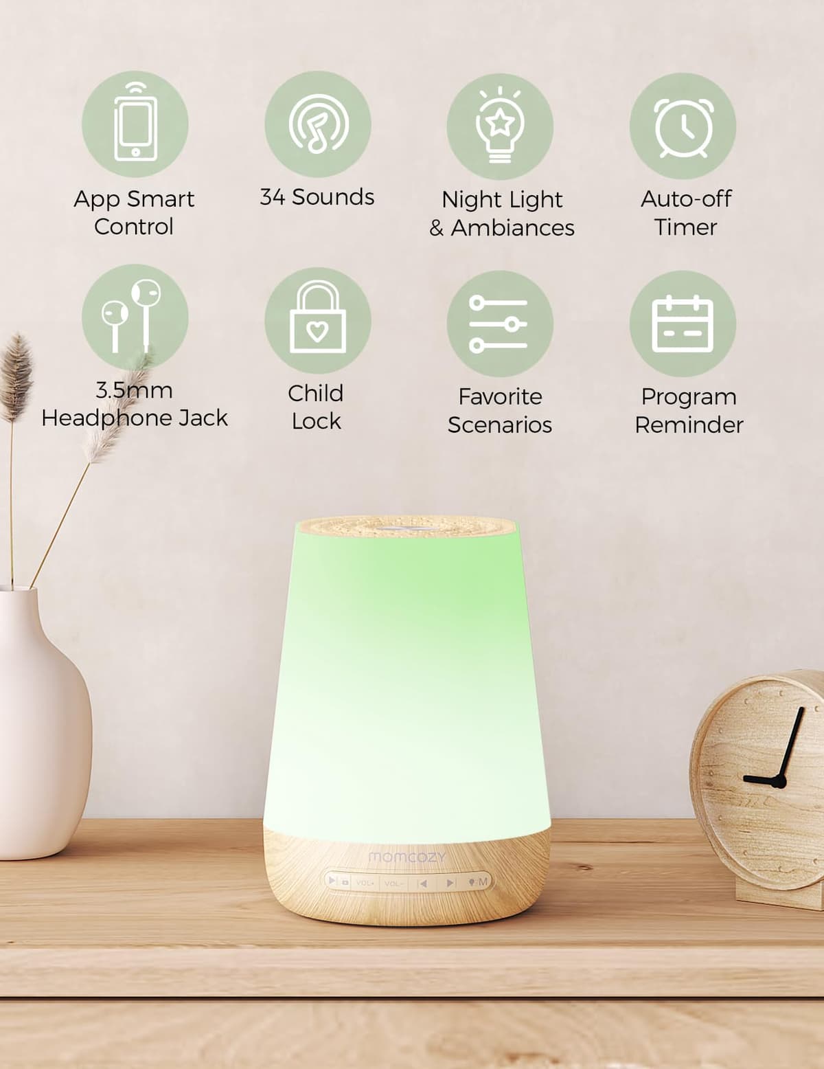 Baby Sound Machine, Momcozy White Noise Machine for Baby Sleeping with Night Light, Toddler Sleep Trainer with 34 Soothing Sounds, Timer, App Remote Control, Personal Sleep Routine(Wood Grain) — view 2